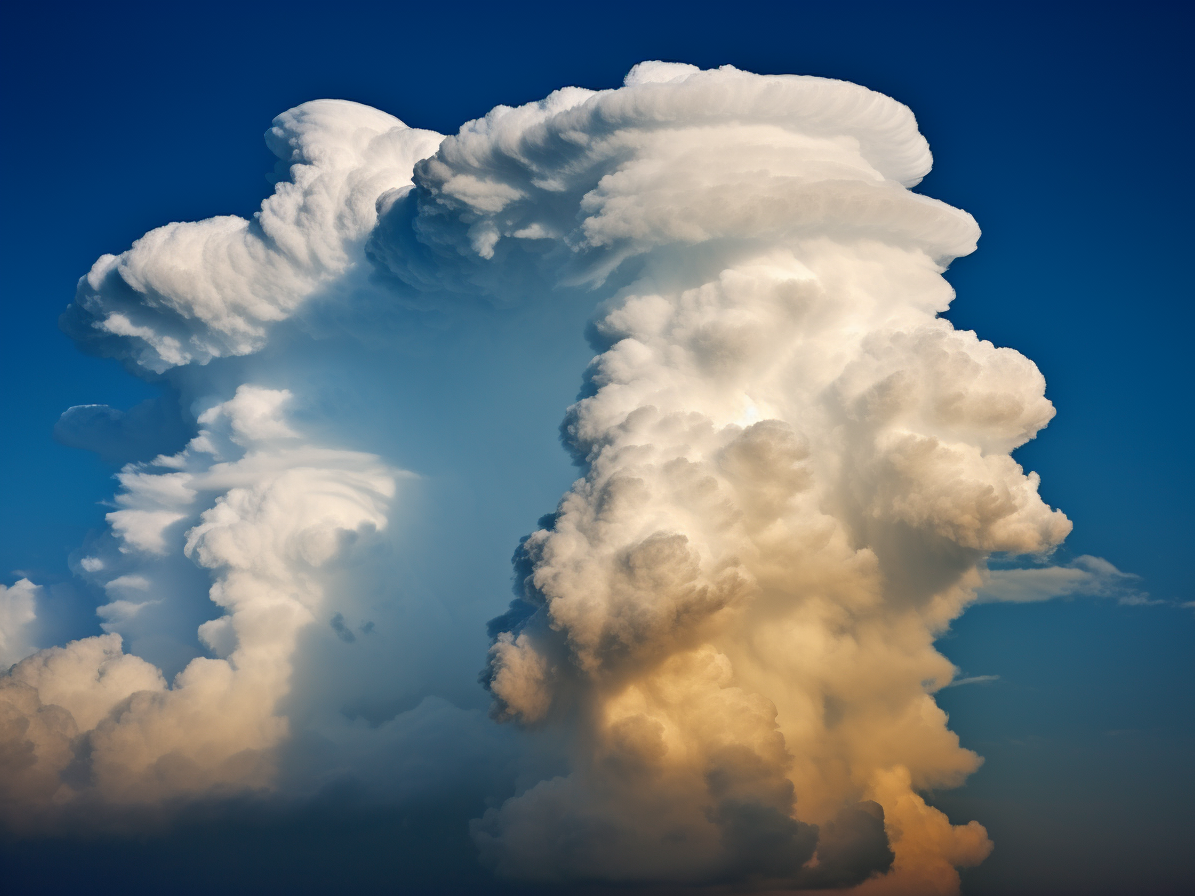 A towering cumulonimbus cloud formation with a distinctive anvil-like shape against a deep blue sky, showing the vertical development characteristic of storm clouds.