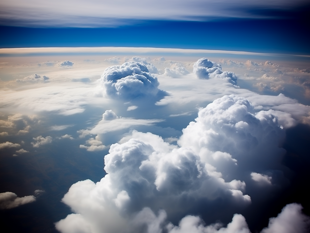 Aerial view of towering cumulus clouds forming vertical columns against a deep blue sky, showing the dramatic three-dimensional structure of convective cloud formations as seen from above