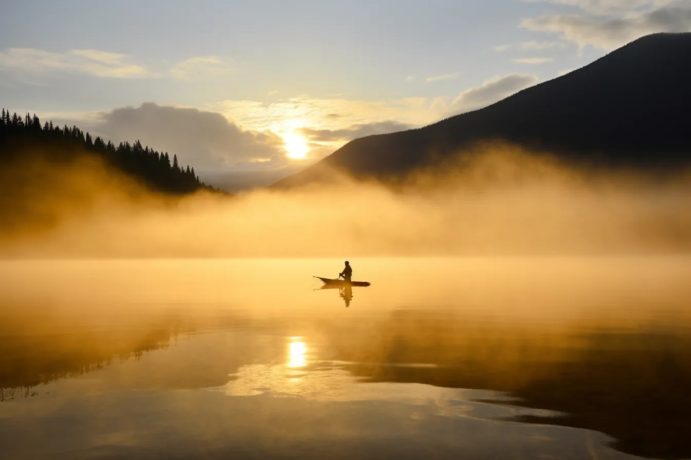 lake with evaporating water during sunrise