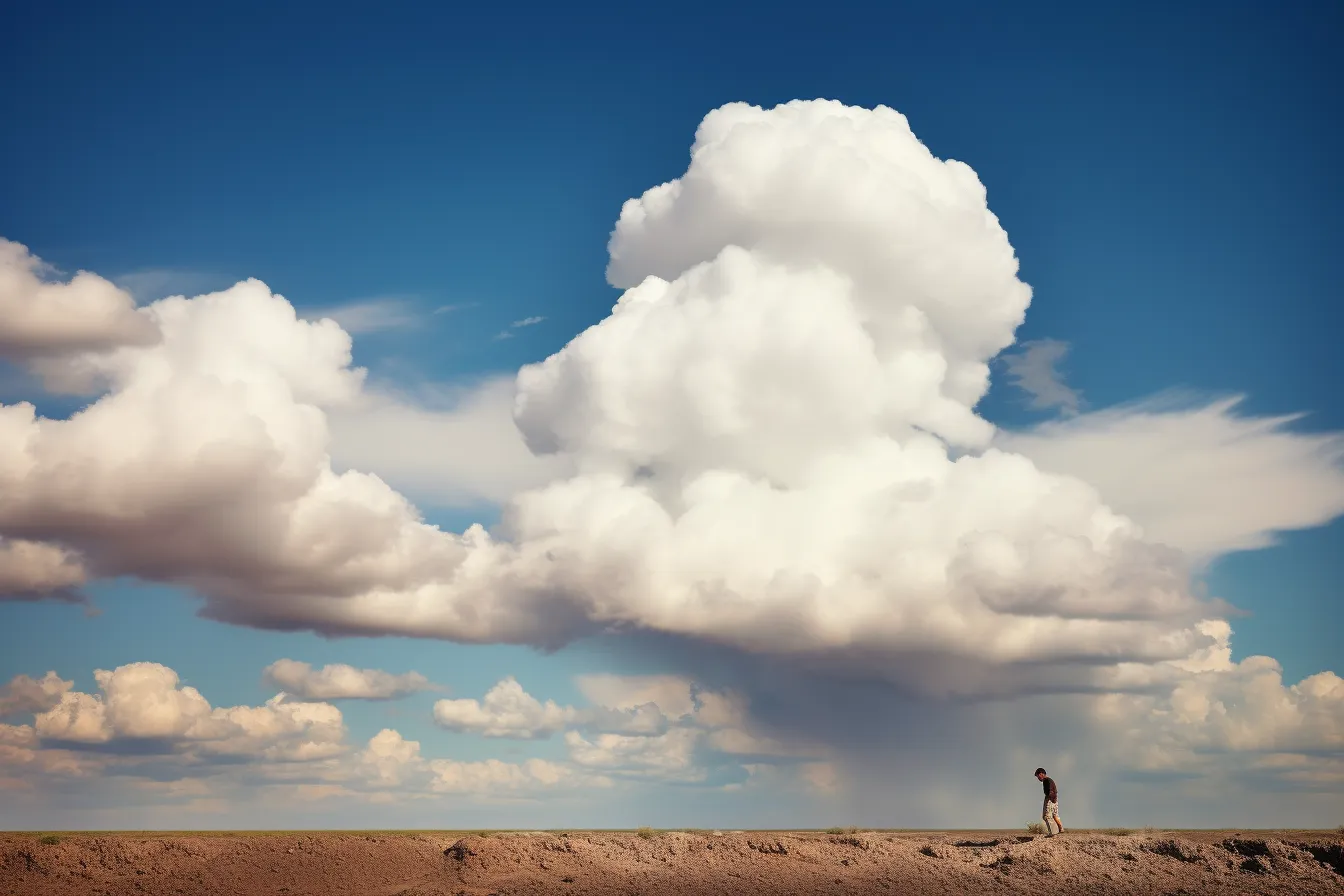 boy walking in front of cumulus clouds