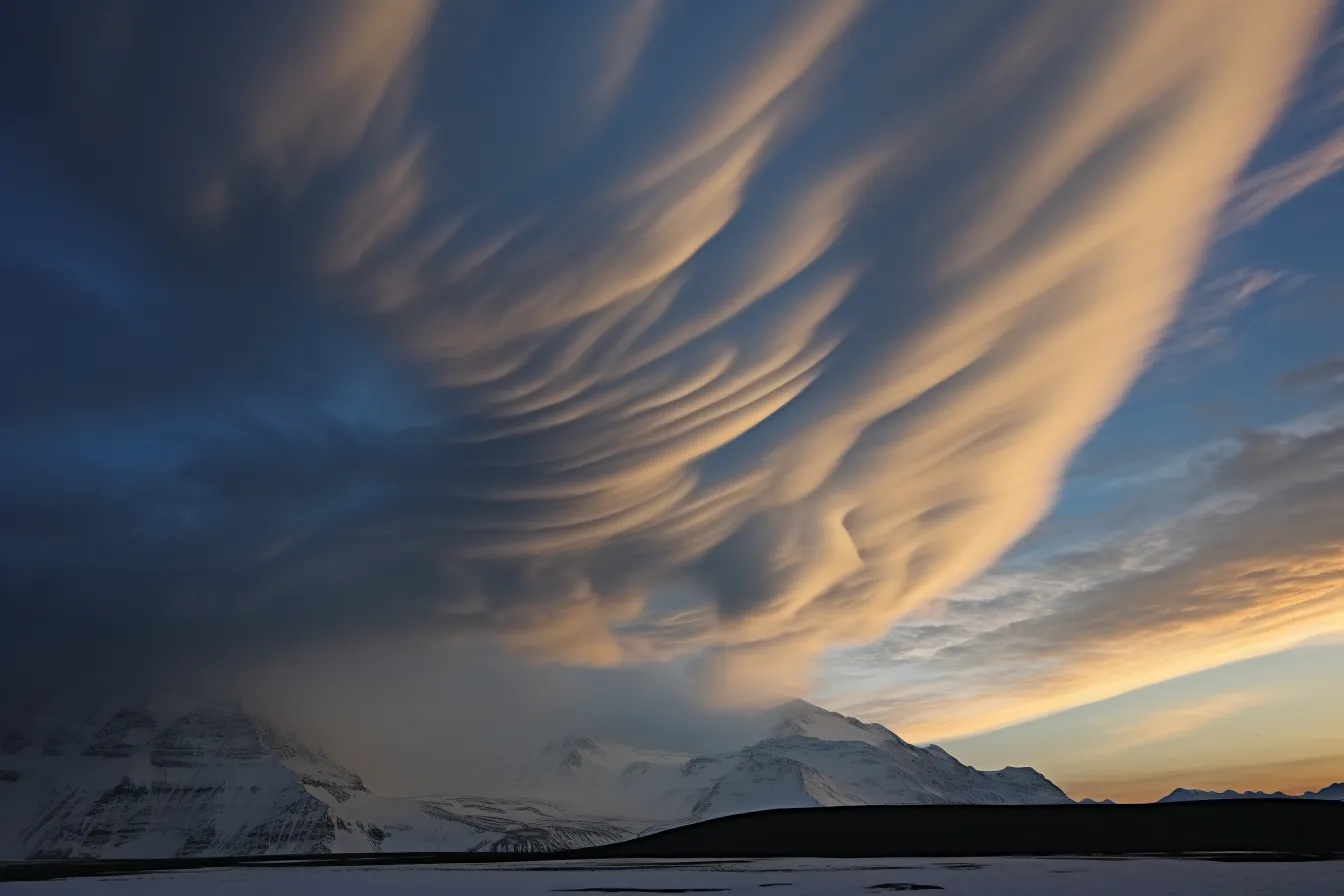 stratus clouds over snowy mountains