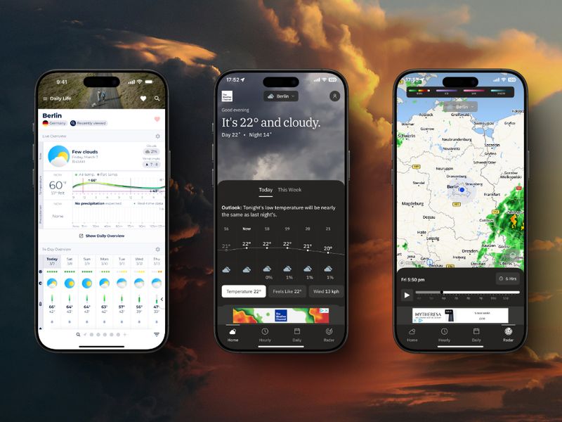 Three smartphones displaying different weather apps showing weather for Berlin against a dramatic sunset sky background. Left phone shows a daily overview with temperature of 60° and weekly forecast. Middle phone displays current conditions of 22° and cloudy with hourly temperature predictions. Right phone shows a radar map of Berlin and surrounding areas with precipitation patterns indicated in green.