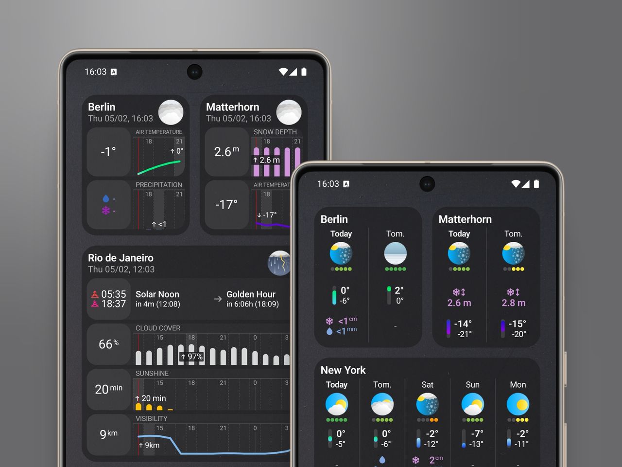 Two Google Pixel phones displaying Sonuby widgets: the left phone shows Now & Next Hours widgets for Berlin, Matterhorn, and Rio de Janeiro with photography data; the right phone shows Next Days widgets with multi-day forecasts for Berlin, Matterhorn, and New York.