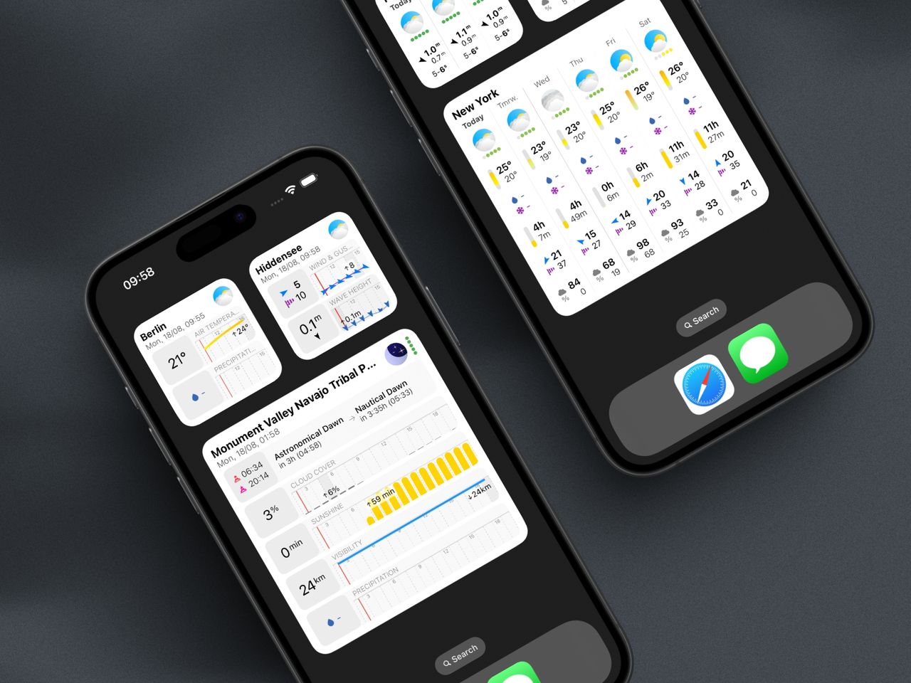 Multiple iPhone home screens displaying various Sonuby weather widgets in different sizes and configurations, showing temperature, precipitation, wind speed, and weather forecasts for different locations and time periods.
