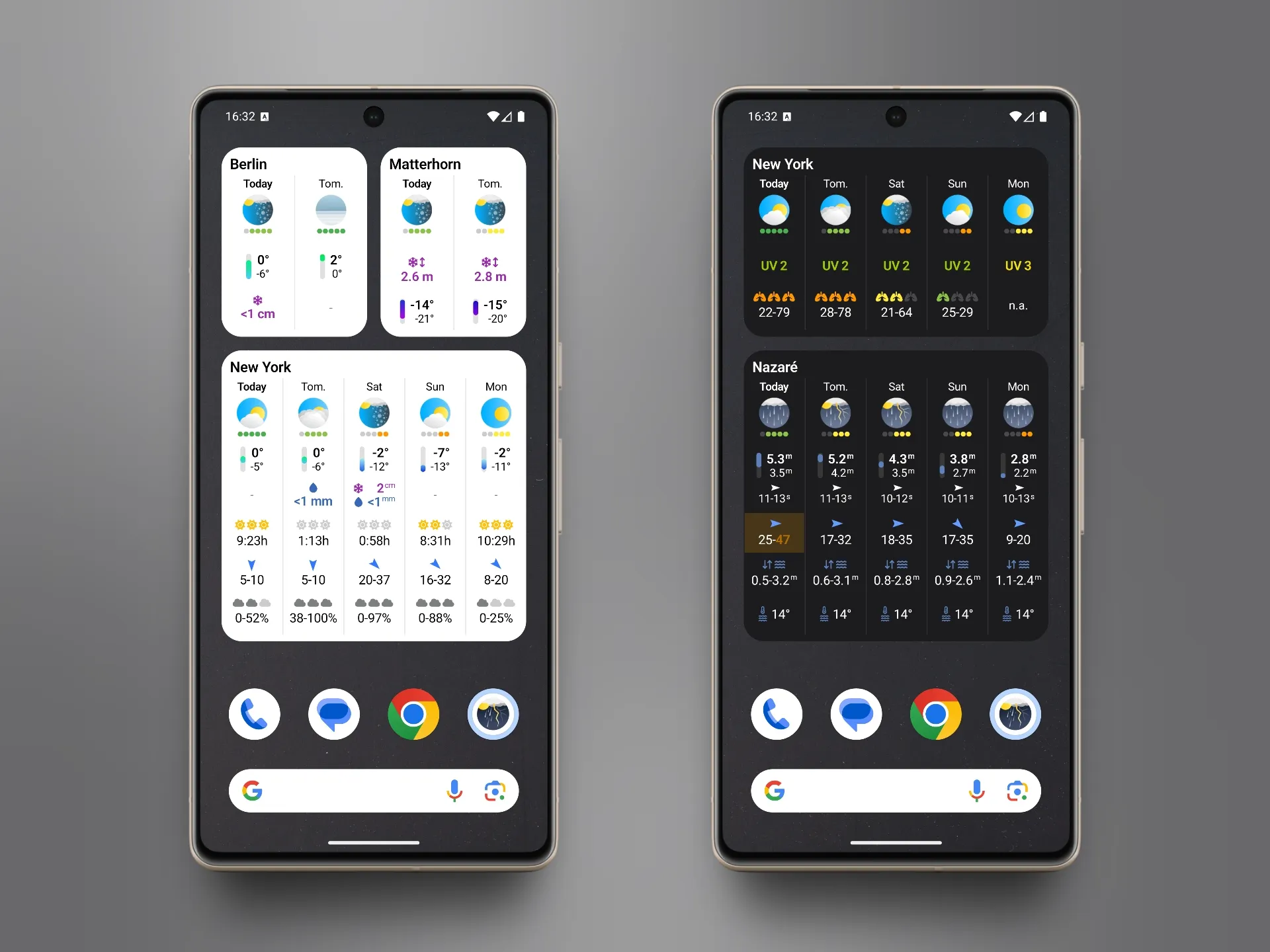 Two Android phones showing Next Days widgets: left phone in light mode with 6-day New York forecast showing temperatures, snow, and cloud cover; right phone in dark mode with Nazaré surfing forecast showing wave heights, periods, and water temperature.