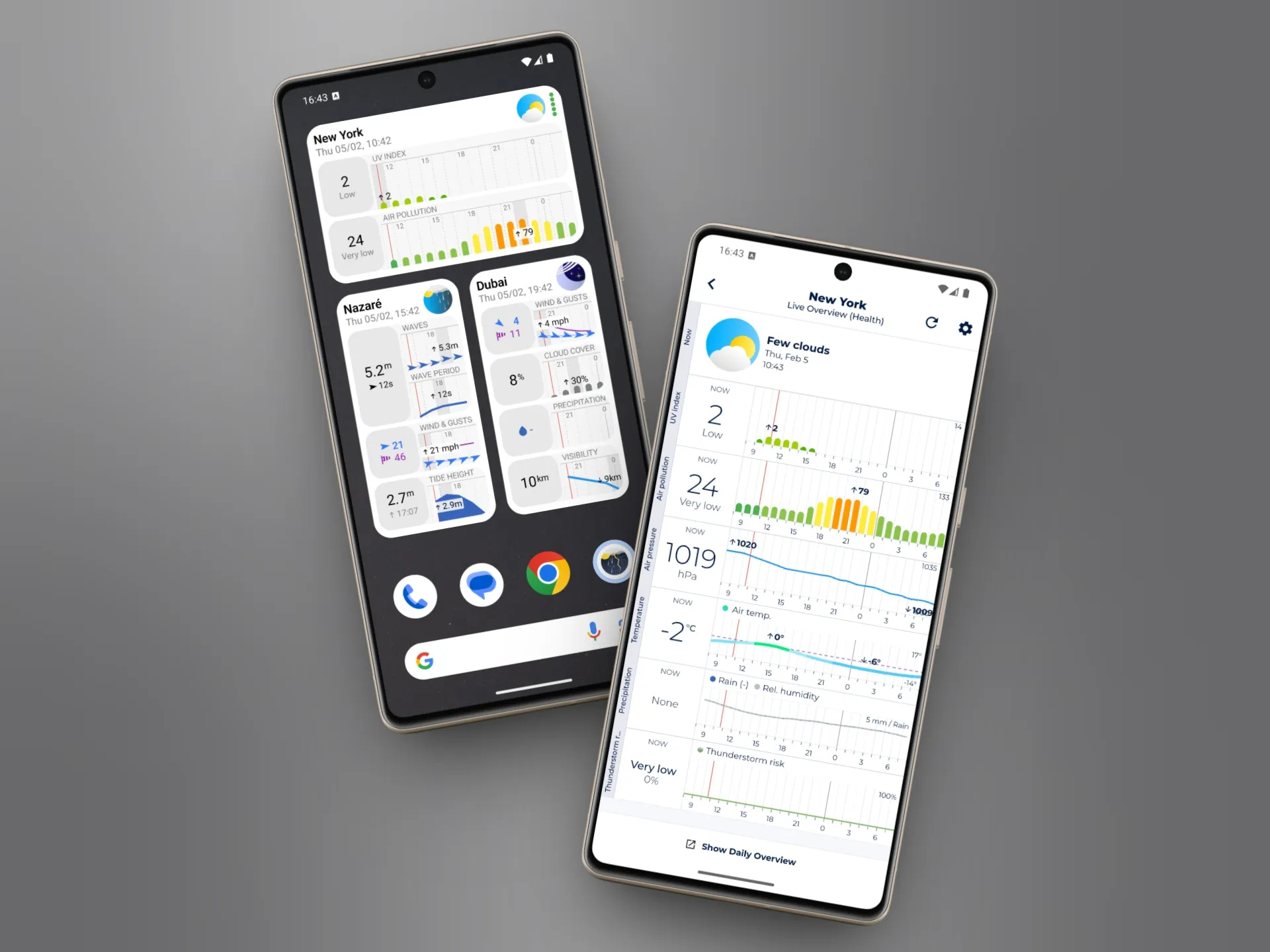 Two Android phones: left shows home screen with health and surfing widgets; right shows the detailed in-app view for New York's Health report with hourly charts for UV index, air pollution, pressure, temperature, and thunderstorm risk.