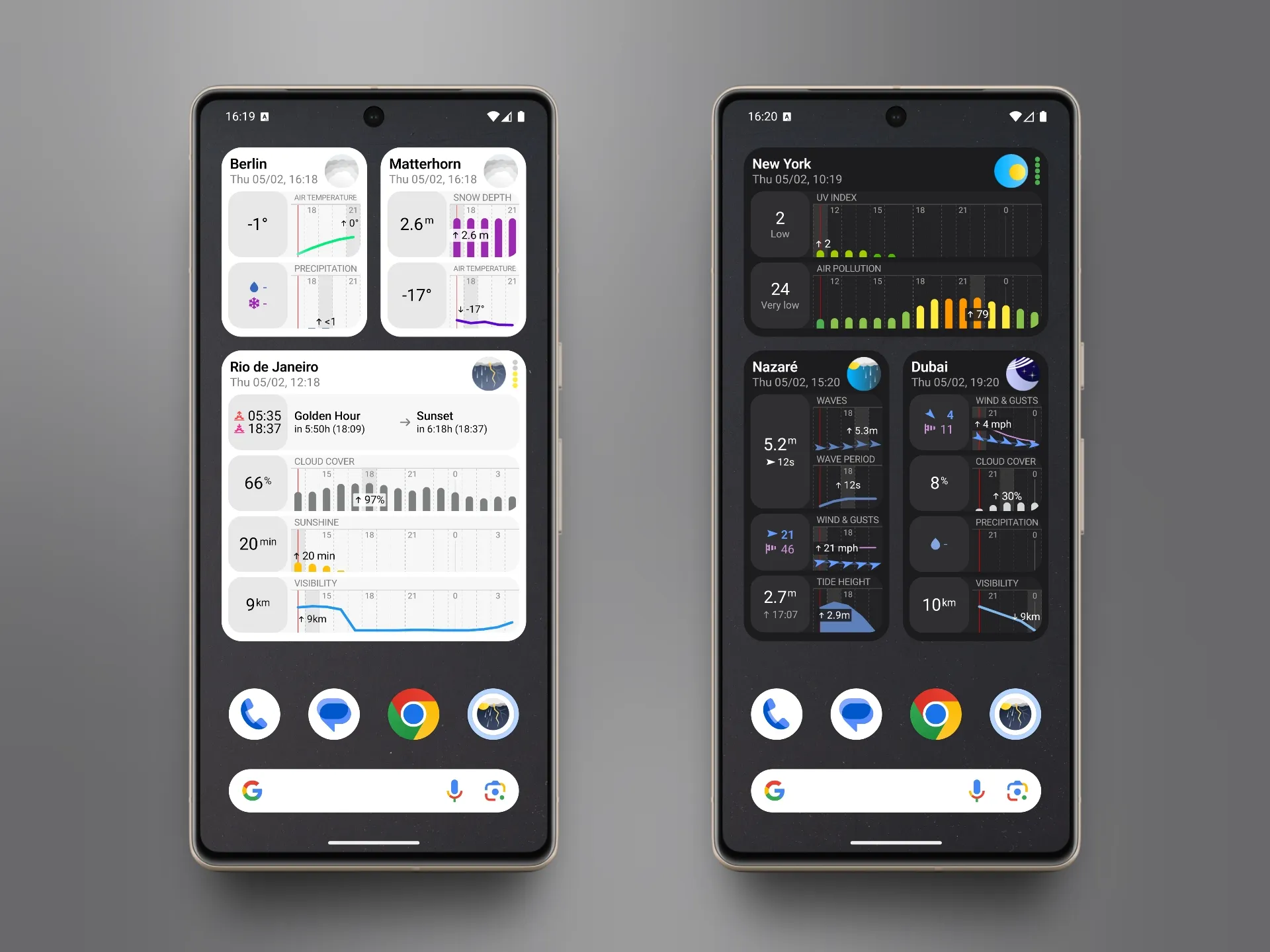 Two Android phones showing Now & Next Hours widgets: left phone in light mode with photography report for Rio de Janeiro showing golden hour and cloud cover; right phone in dark mode with health report for New York and surfing report for Nazaré.