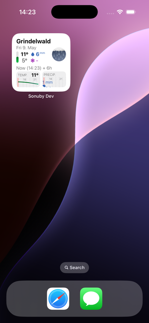 Screenshot displaying Sonuby's Current & Upcoming widget for Grindelwald on Friday, May 9. The current temperature is 11°C with a low of 5°C. Weather shows rainy conditions with 6mm of precipitation expected.