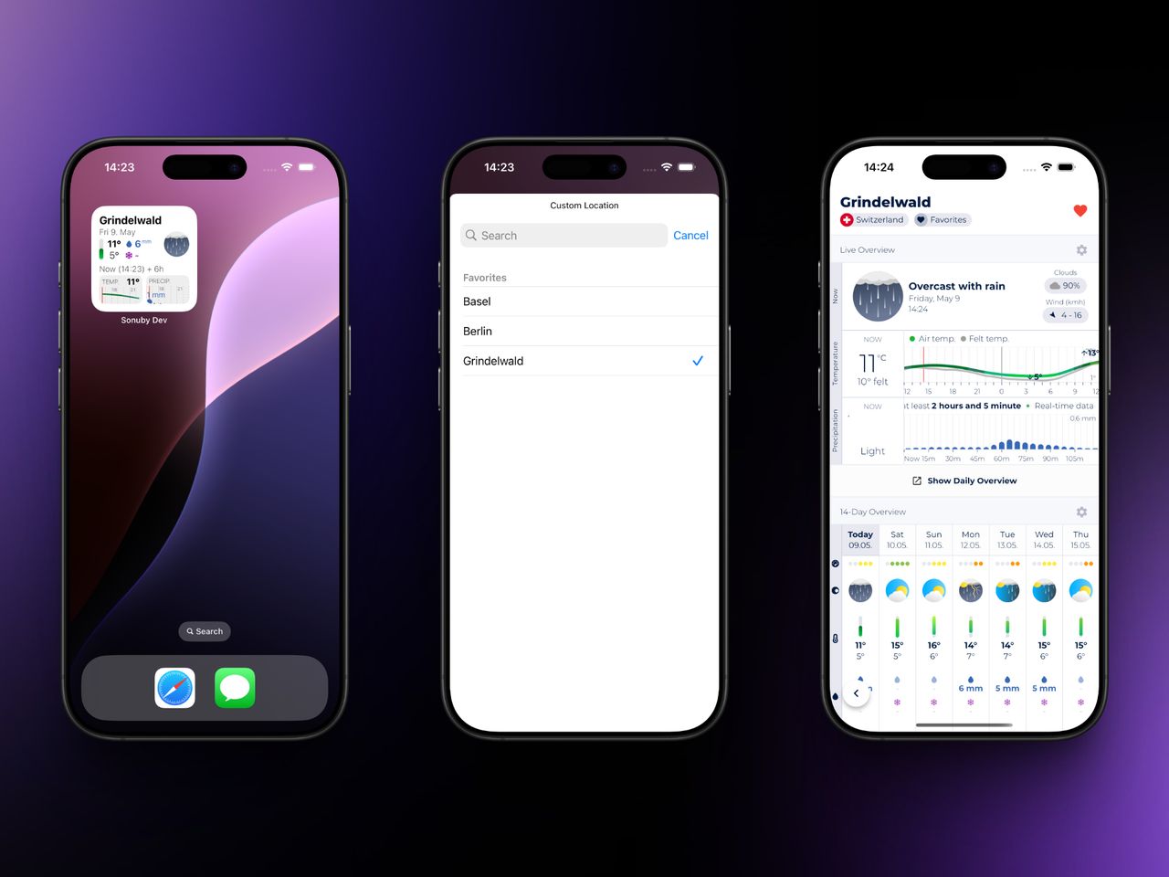 Three iPhone screens showing Sonuby Weather: left shows the Current & Upcoming widget for Grindelwald, middle displays the widget location selection screen, right shows detailed weather forecast for Grindelwald after tapping the widget.