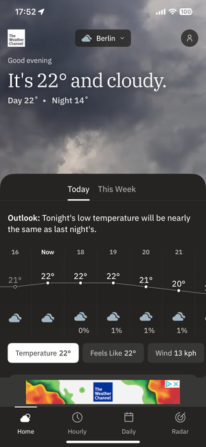 Weather app display showing Berlin's current conditions: 22°C and cloudy with day high of 22°C and night low of 14°C. Hourly forecast shows consistent 22°C from 16:00-19:00, gradually dropping to 20°C by 21:00 with minimal precipitation chance of 0-1%. Current wind speed is 13 kph.