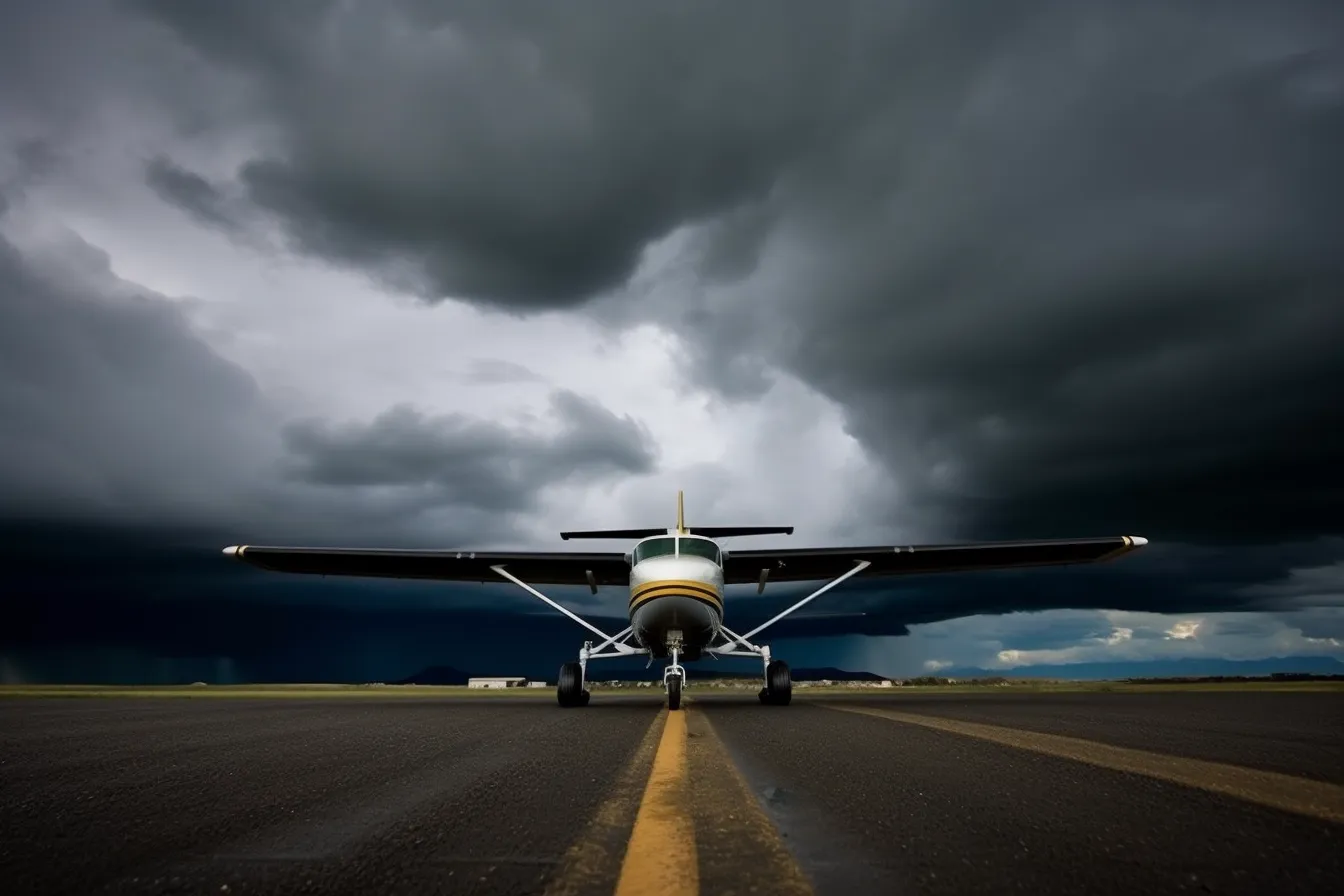 A Cessna standing on an airfield with heavy weather behind