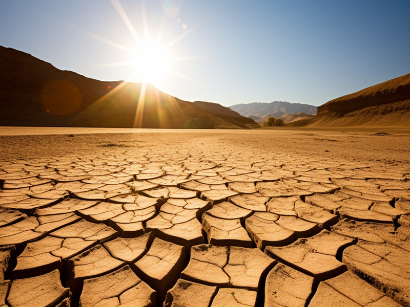 Cracked, dry desert ground with deep fissures under bright sunlight, with mountains in the background showing severe drought conditions