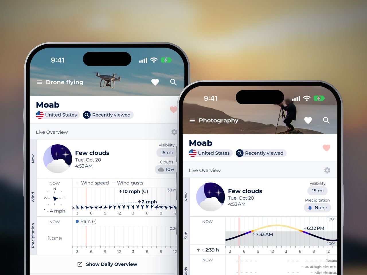 Two phones with Sonuby's drone flying forecast and photography forecast for Moab, Utah