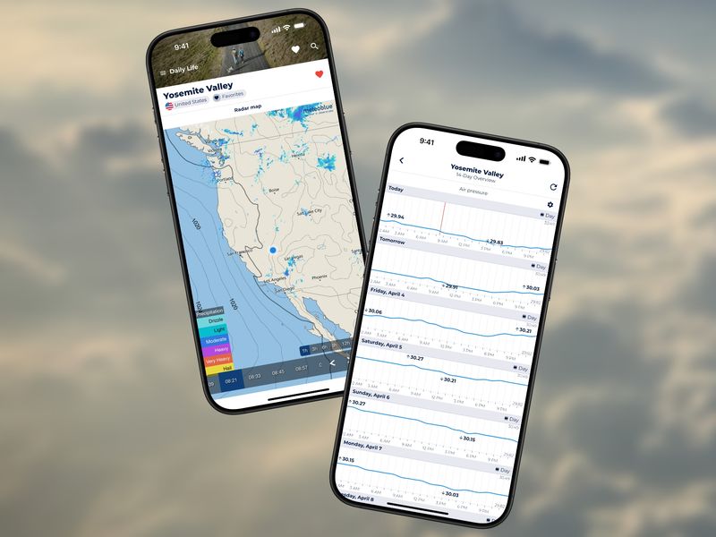 Two screenshots showing Sonuby's 14-day barometric pressure graph and map overlay.