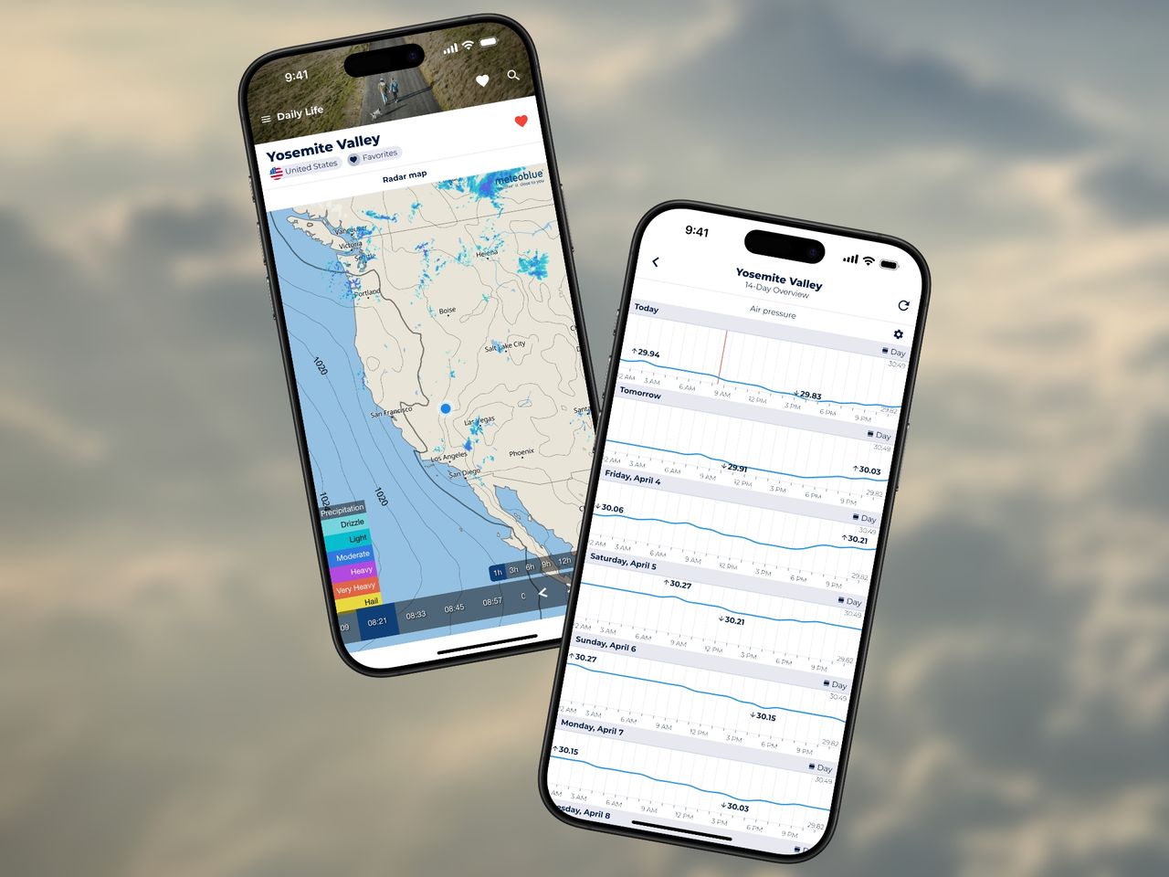 Two screenshots showing Sonuby's 14-day barometric pressure graph and map overlay.