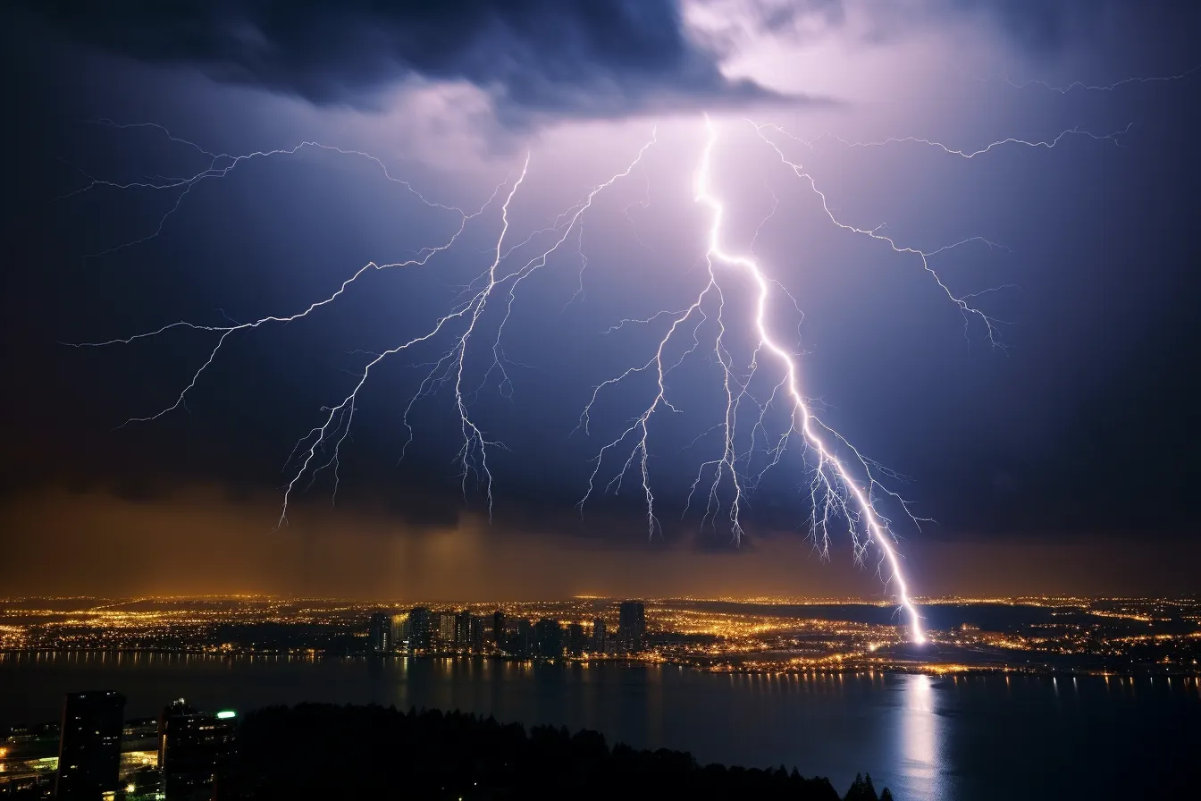 City at the sea during a thunderstorm