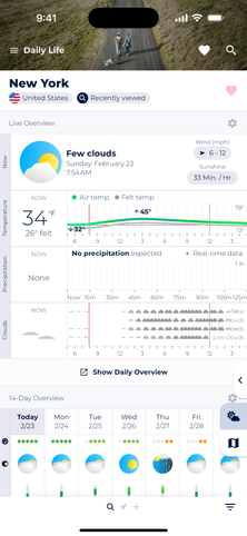 Screenshot showing the extensive daily life forecast diagrams for New York City.