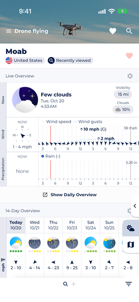 Sonuby's Drone Flying Report for Moab, Utah, with current wind, gusts, rain, visibility and cloud forecasts