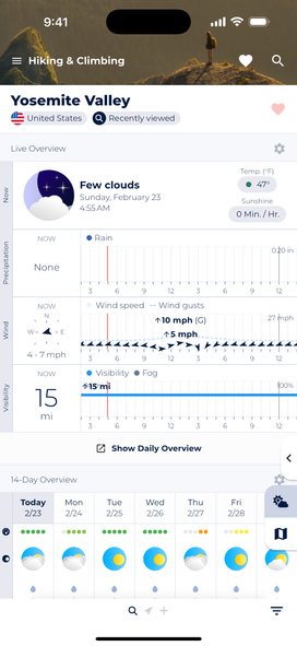 Vail Mountain live overview showing current conditions: few clouds at 5:33 AM, snow depth of 5.59 inches, temperature of 18°F (feels like 9°F), 0 minutes of sunshine, and a 14-day forecast calendar below.