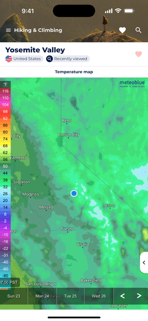 Screenshot showing a temperature map for Yosemite Valley.