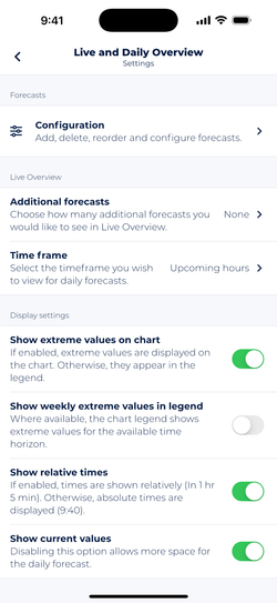 Screenshot showing Sonuby's Live Overview settings which allow configuring the forecast module.