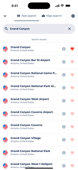 Screenshot showing Sonuby's location search with search results for Grand Canyon.