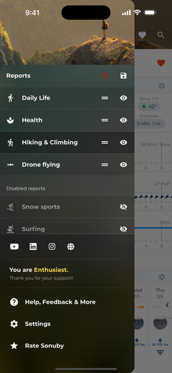Screenshot showing Sonuby's report configuration accessible via the sidebar menu.