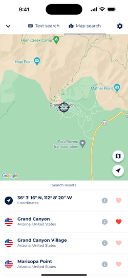 Screenshot showing Sonuby's Map Search with a map showing Grand Canyon and surrounding locations in a list.