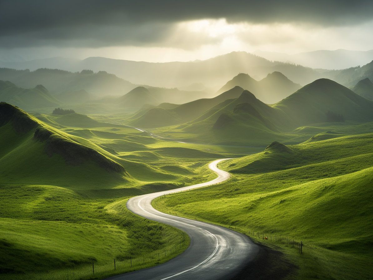 A paved, slightly broken road winding through a landscape after rain.