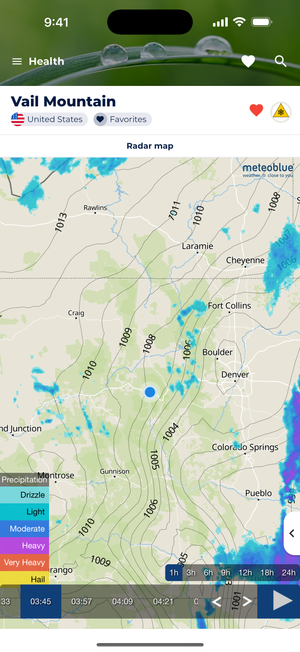 Screenshot showing Sonuby's radar map with barometric pressure overlay.