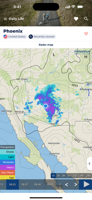 Sonuby weather app radar map for Phoenix, Arizona showing precipitation intensity with color coding from drizzle (light blue) to very heavy rain (purple). The radar shows a significant weather system over Phoenix and Tucson with moderate to heavy precipitation, and includes timeline controls at the bottom of the screen.