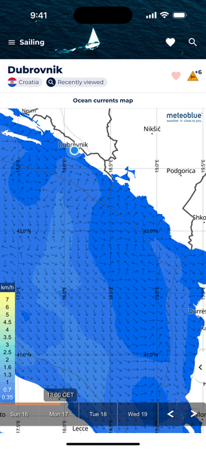 Sonuby Weather ocean currents map for the Dubrovnik region in Croatia, showing blue-colored water with directional arrows indicating current flow patterns. The map displays the Adriatic coastline with Dubrovnik marked by a blue circle, and includes a scale showing current speeds from 0.35 to 7 km/h.