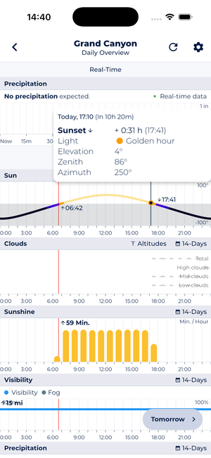Sonuby Weather app showing sun position chart with golden hour timing popup displaying elevation and azimuth data for precise photography planning