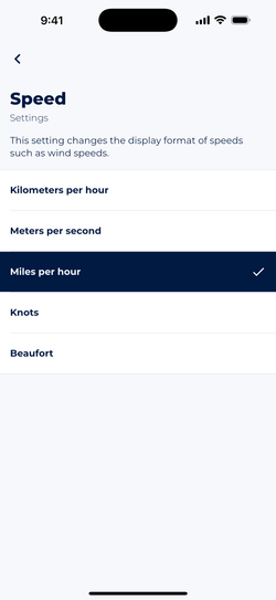 Screenshot showing Sonuby's speed unit settings with options to switch between kmh, mps, mph, kn or bft.