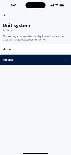 Screenshot showing Sonuby's unit system settings with options to switch between metric and imperial units.