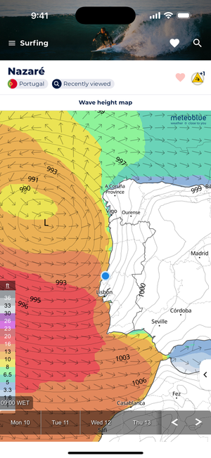 Wave height map for Nazaré, Portugal showing a color-coded visualization with red indicating larger waves (20-36ft) offshore and yellow/green showing smaller waves closer to shore. Pressure isobars marked with numbers like 993, 996, 1003.