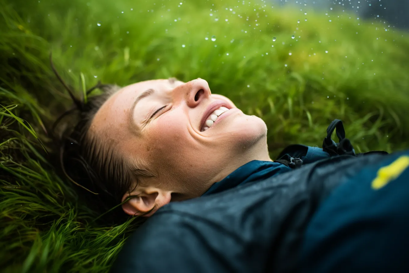 Woman lying in grass breathing in fresh air after rain